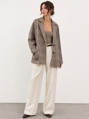 Zara Houndstooth Thick Sweater Jacket Blazer Brown Cream Knit Size M
